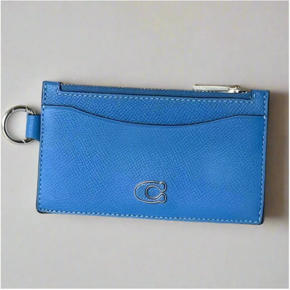 Coach Zip Card Case Blue Leather D-Ring Clip Keyring